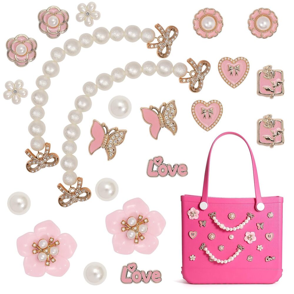 1897 2Pcs Matte Pearl Chain Charms Rubber Bag, 20Pcs Bling Rhinestone